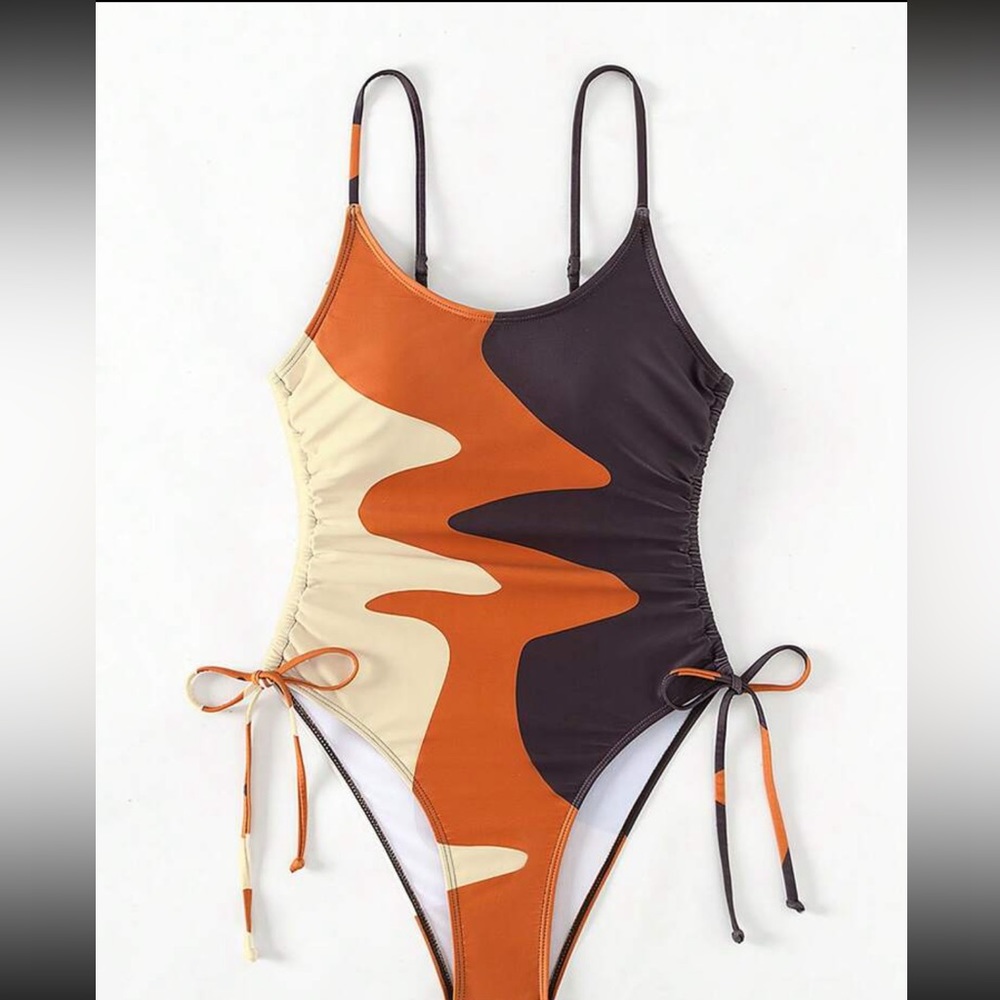 Swim Color Block Drawstring Side One Piece Swimsuit